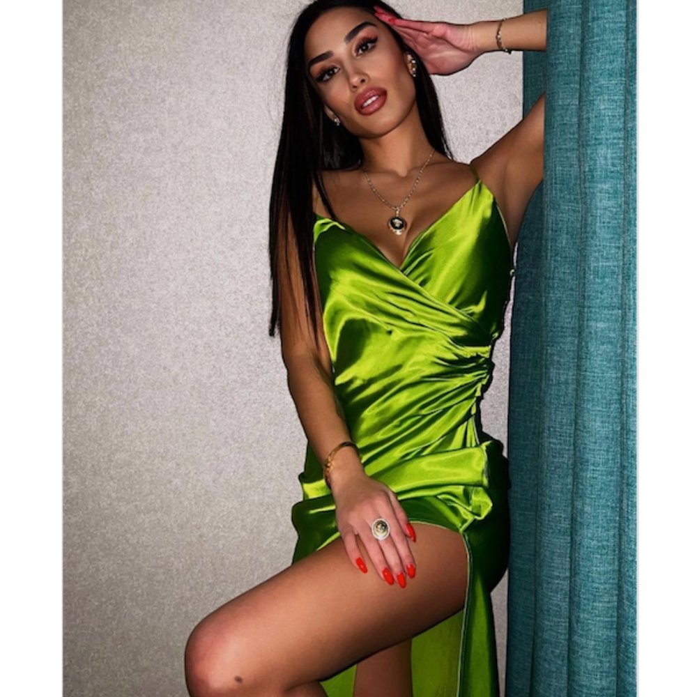 Zara Greenish Satin Effect Slip Midi Dress Sz M NWT - Picture 10 of 14